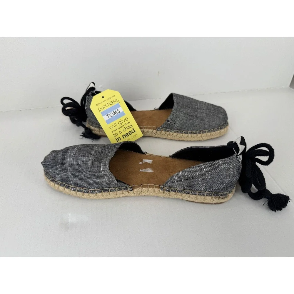 TOMS Espadrille Flats Ankle Tie Tassel Blue/Black 8.5 Boho D'Orsay